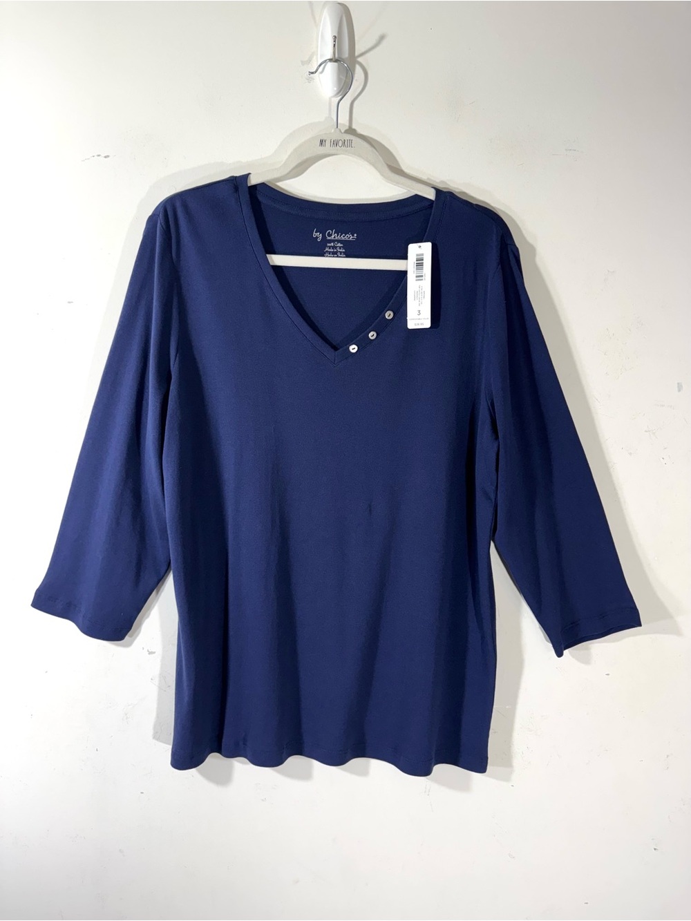 Chico’s Cotton V Neck 3/4 Sleeve Tee Shirt XL Midnight Blue NWT